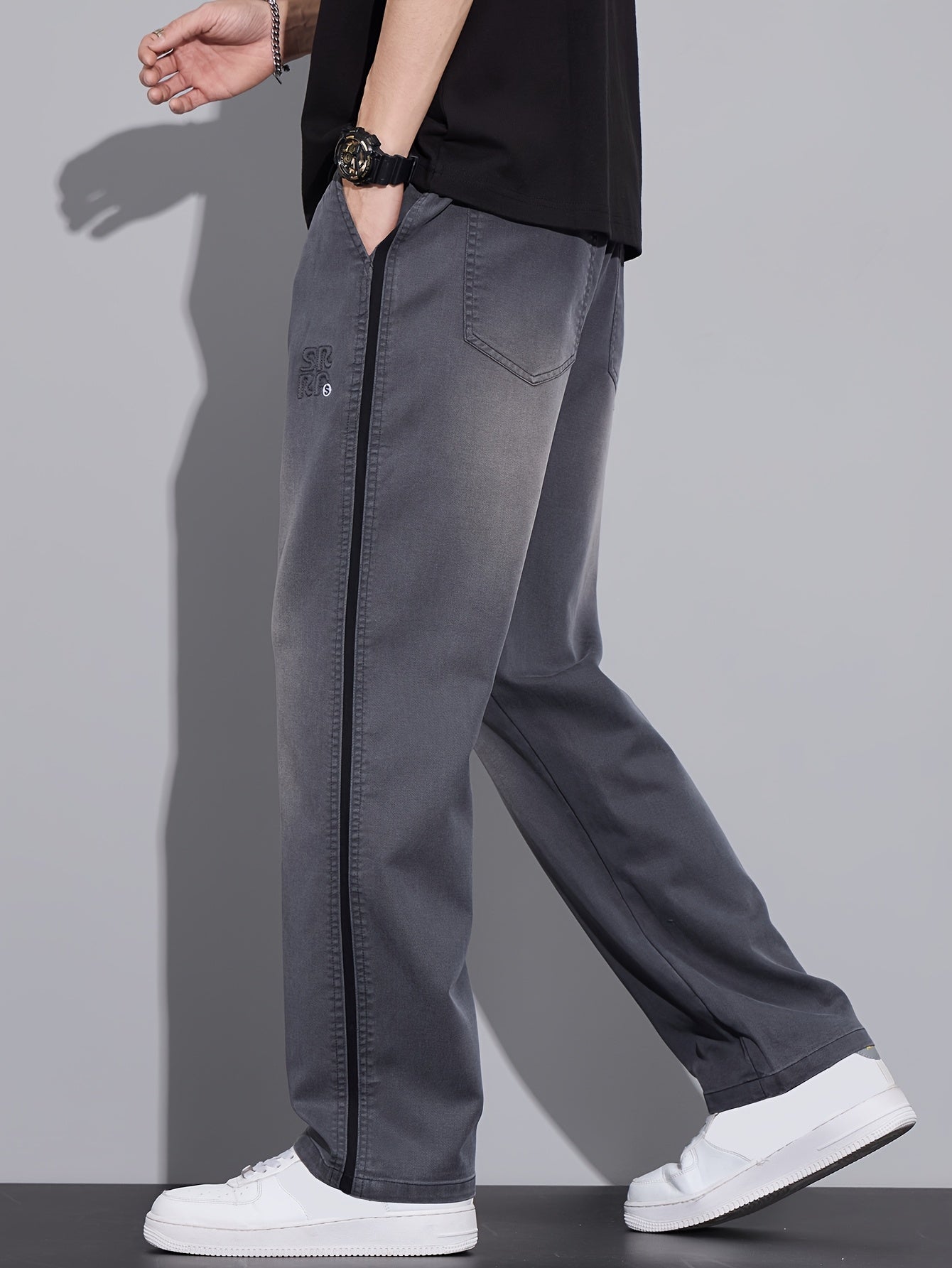 Gray Gradient Side-Stripe Wide-Leg Casual Pants