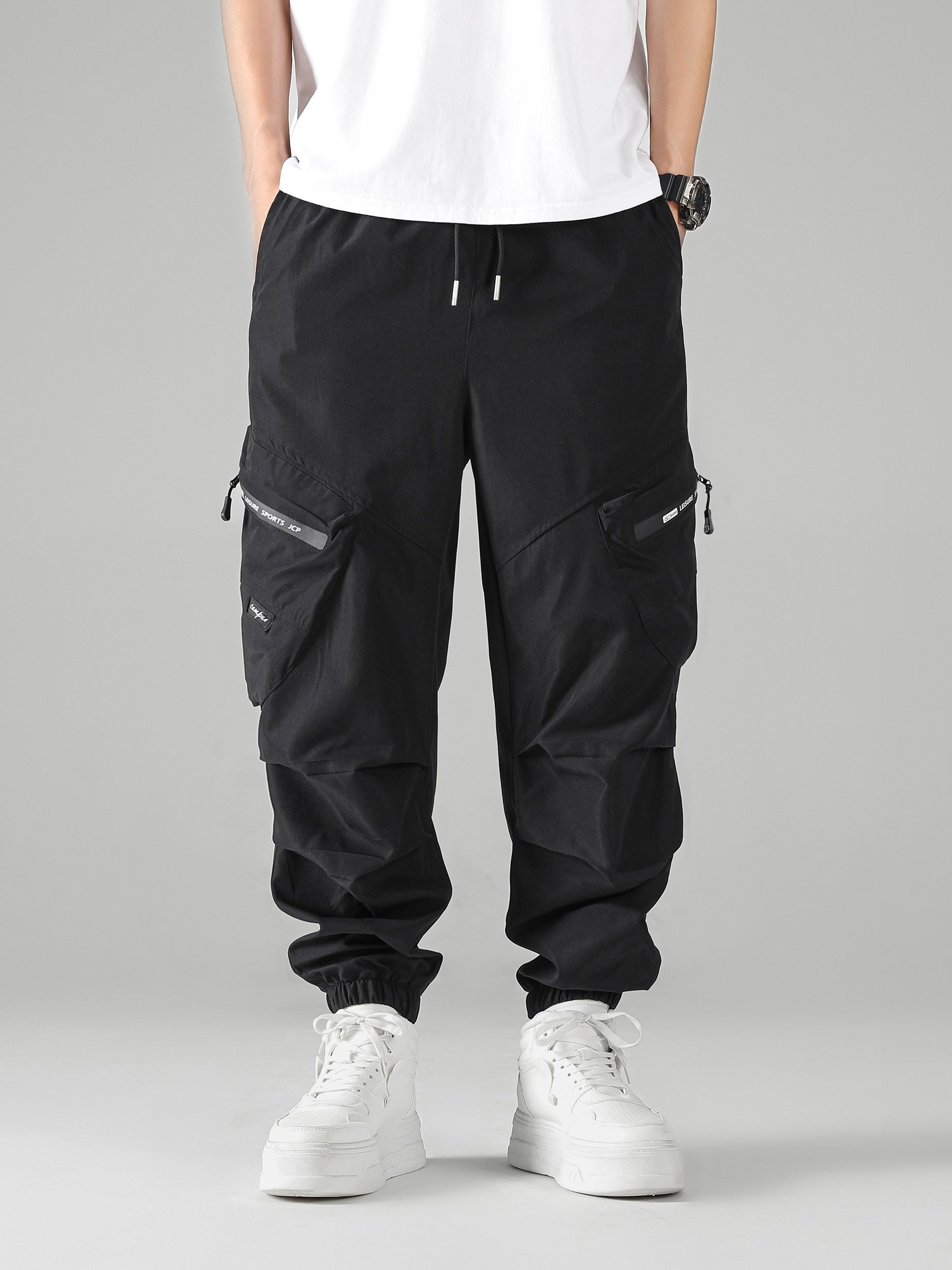 Black Oversized Cargo Jogger Pants with Functional Pockets