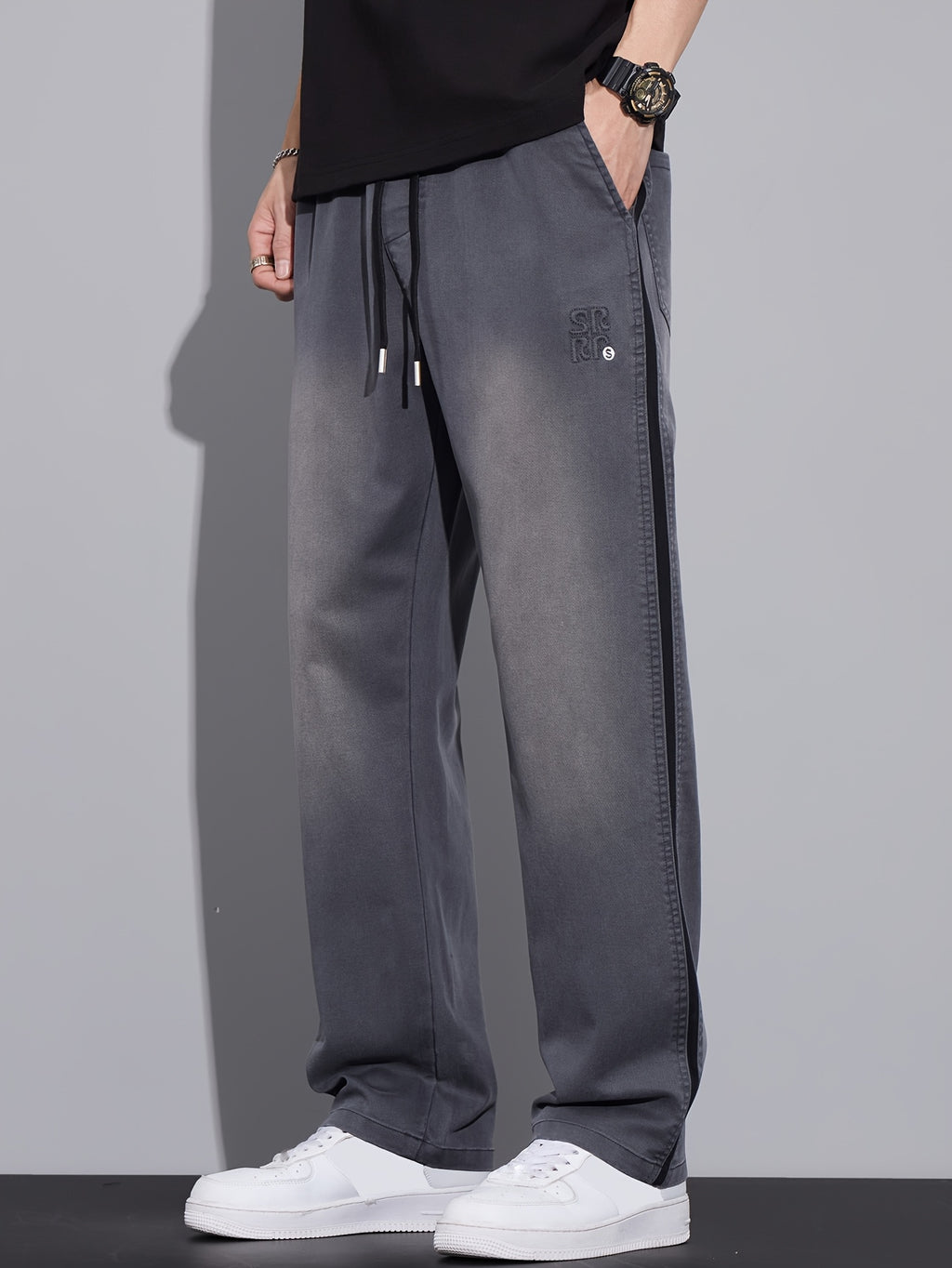 Gray Gradient Side-Stripe Wide-Leg Casual Pants