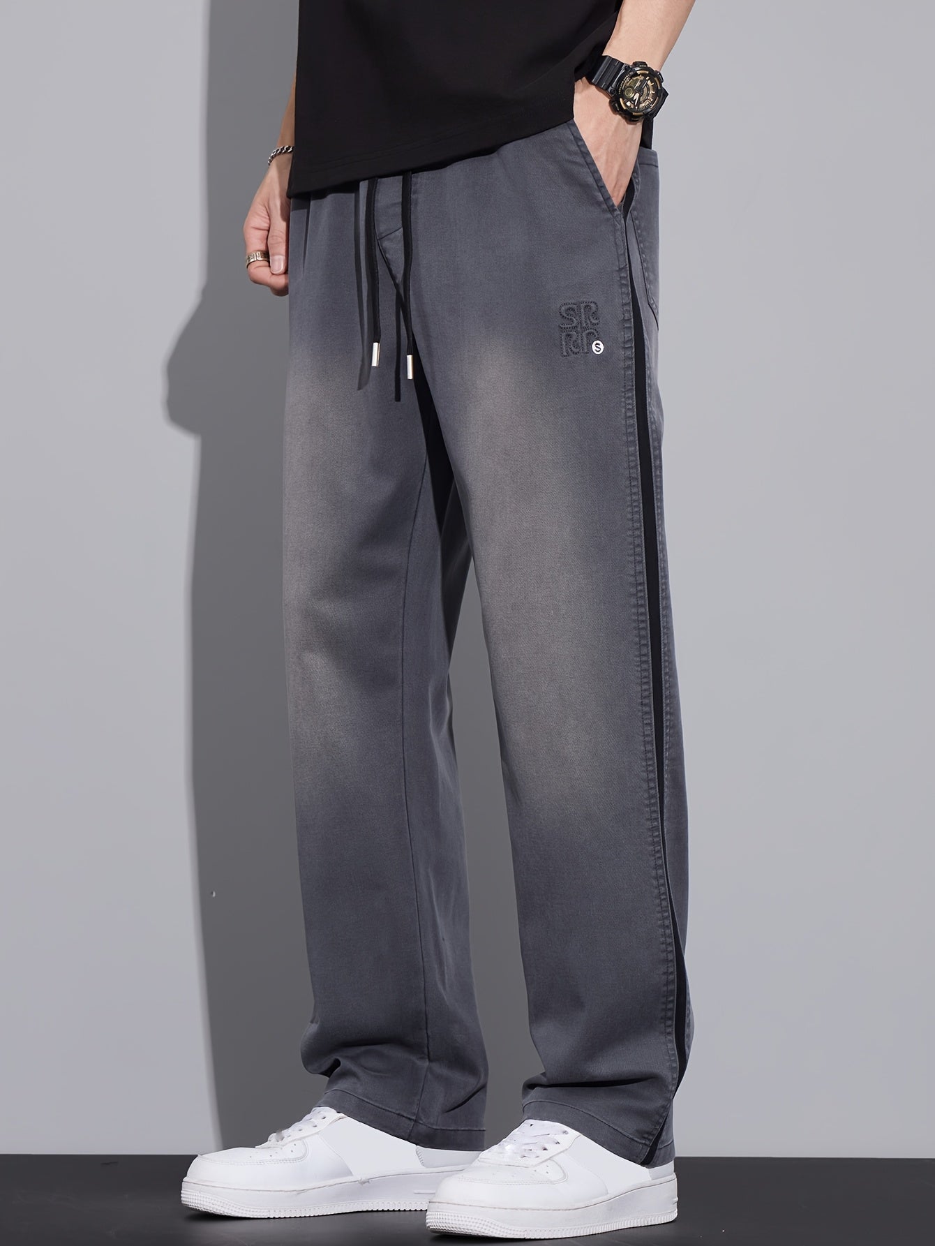 Gray Gradient Side-Stripe Wide-Leg Casual Pants