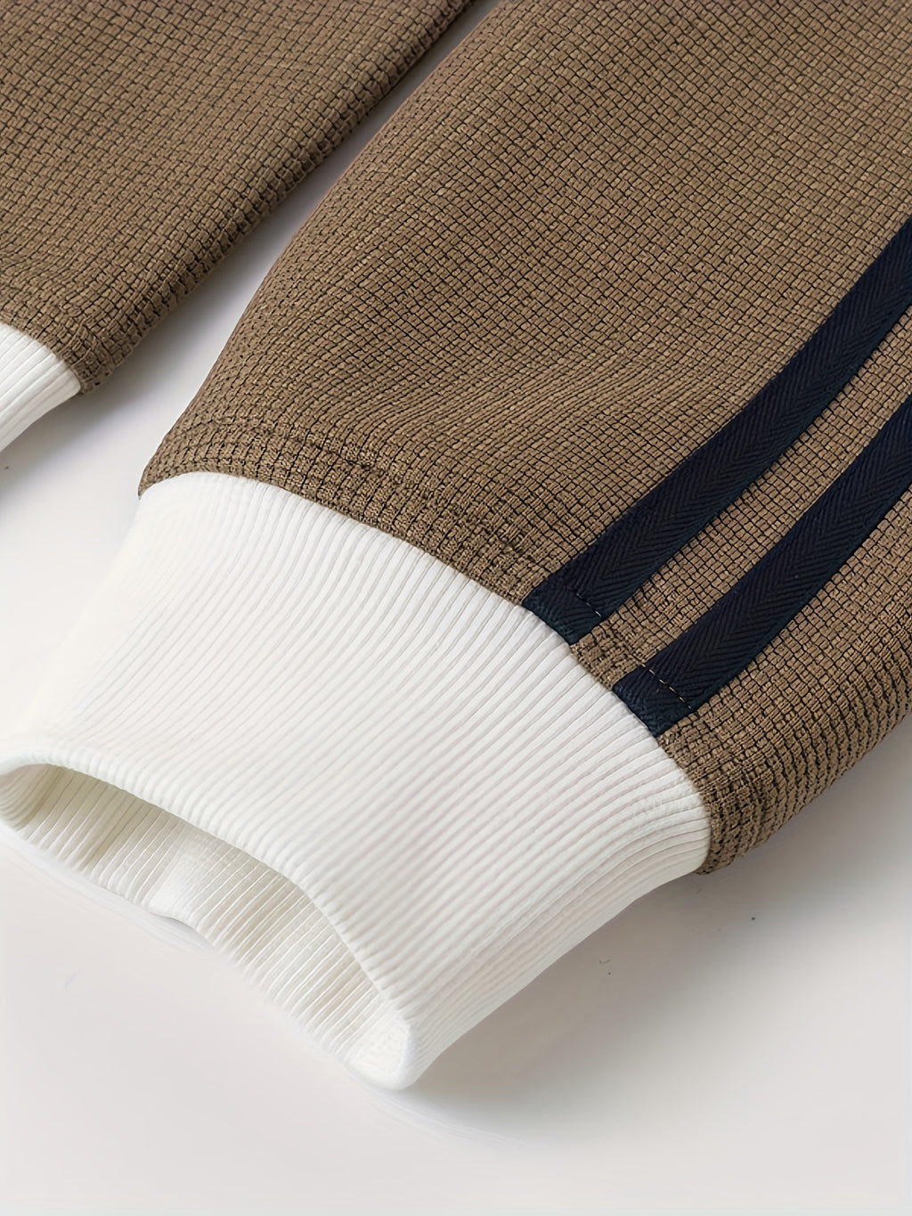 Camel Waffle-Knit Retro Track Jacket with Contrast Ribbing