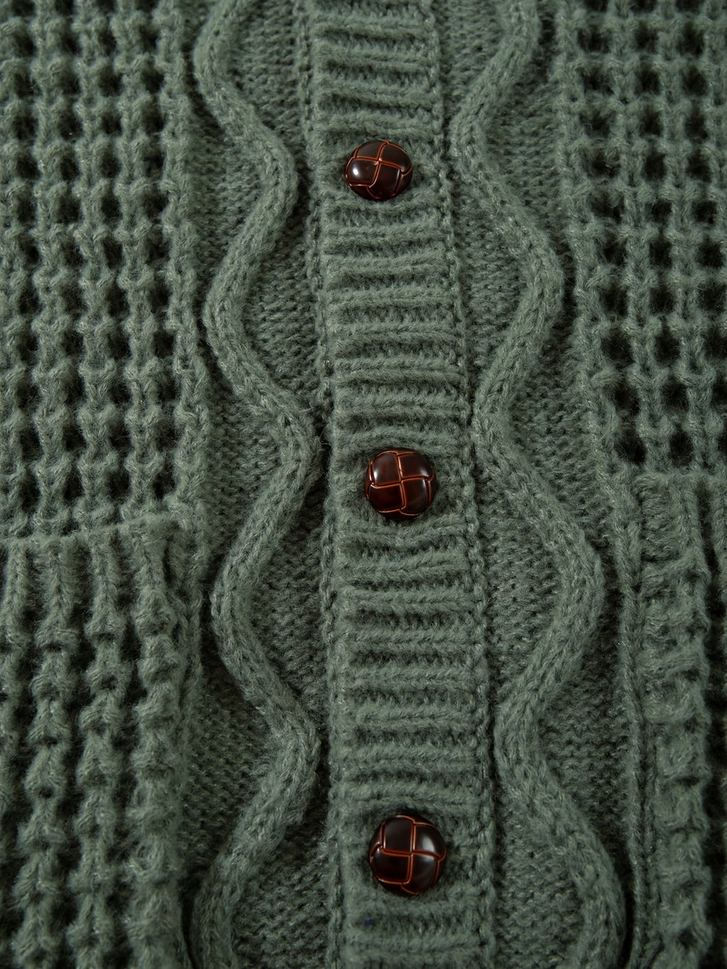 Vintage Olive Green Textured Knit Oversized Cardigan
