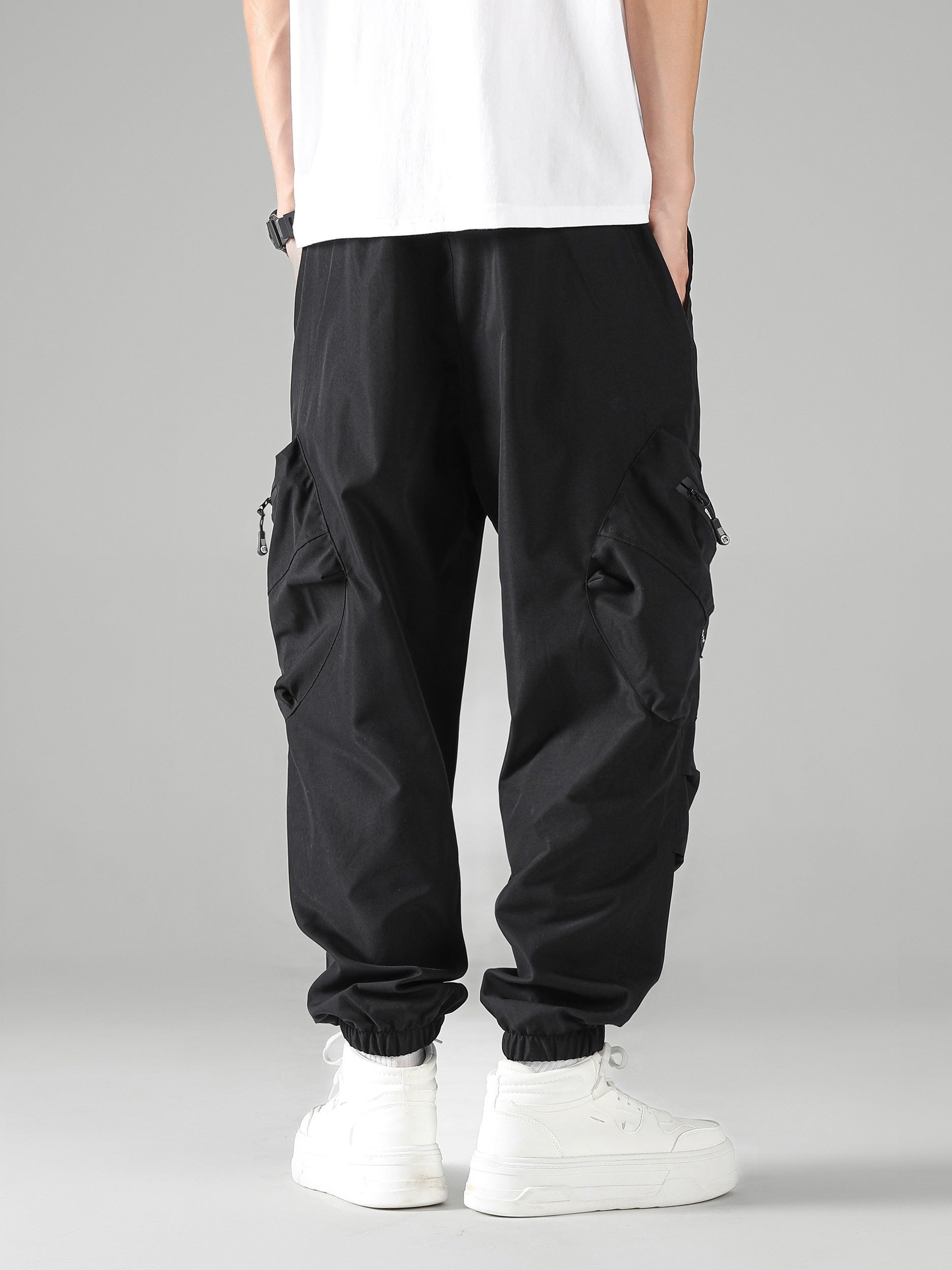 Black Oversized Cargo Jogger Pants with Functional Pockets