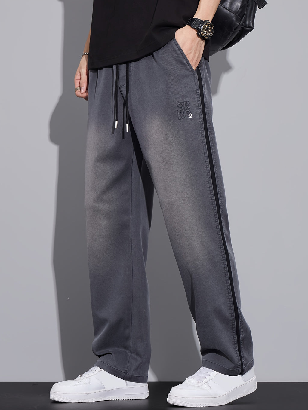 Gray Gradient Side-Stripe Wide-Leg Casual Pants