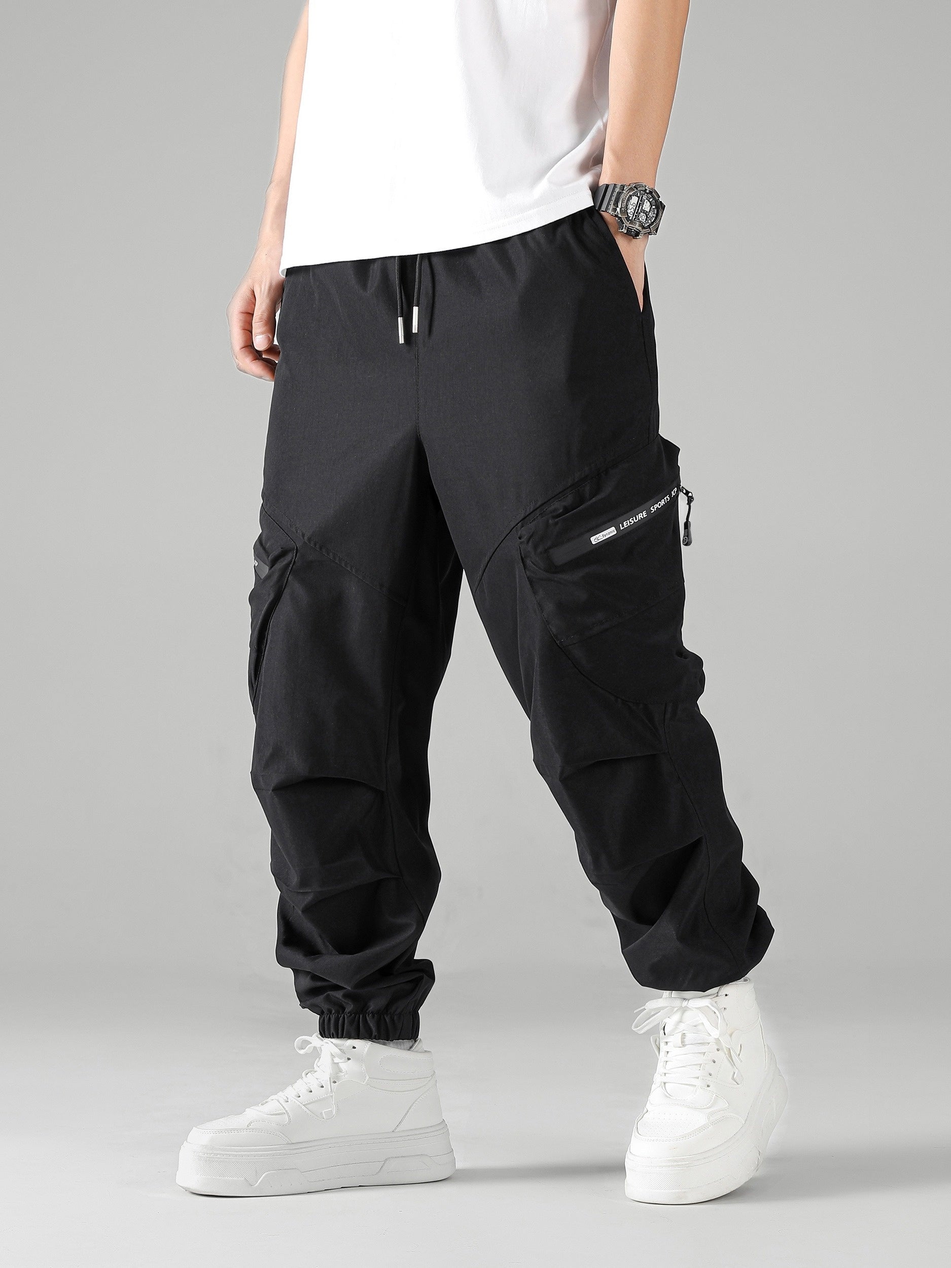 Black Oversized Cargo Jogger Pants with Functional Pockets